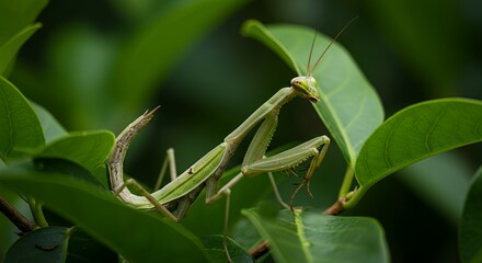 Green Praying Mantis on Lush Foliage