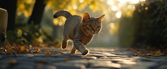 Obraz premium Tabby cat running on cobblestone path