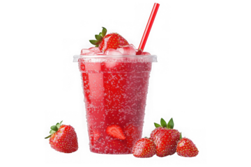 Refreshing strawberry smoothie in plastic cup with ice and straw fruit drink beverage isolated on transparent background