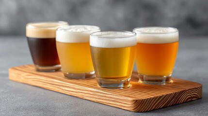 A craft beer flight of four small glasses on a wooden paddle against a charcoal backdrop, soft rim lighting on glasses, blank area on right for copy text