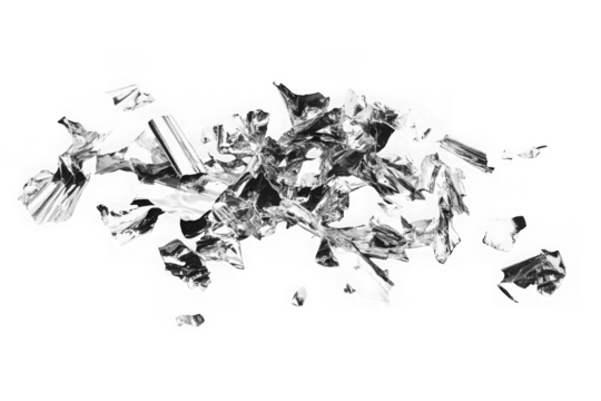 Shiny silver foil pieces scraps metallic crumpled texture reflective material design element isolated on transparent background