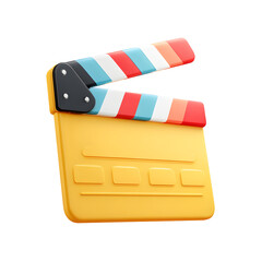 Fototapeta premium Film clapperboard icon design for movies, cartoon plastic-look look, isolated white background, high quality cartoon rendering, isolated on white background with simple 3d loo5