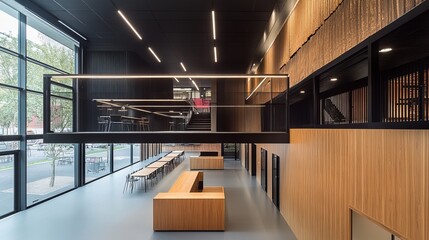 Modern interior with long tables, glass bridge, and wood paneling. Bright space, creative design