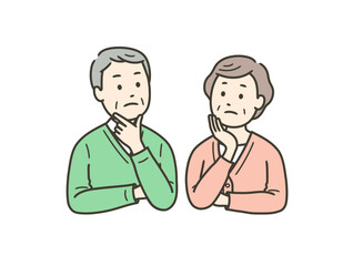 高齢男女の夫婦が悩んでいる上半身イラスト