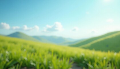 Obraz premium Serene, sunlit rolling hills blanketed in vibrant green grass fades softly into the light blue sky.