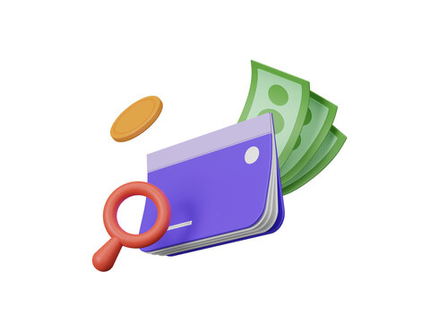 Bank account book with money and magnifying glass icon isolated on transparent background, saving money, financial business, banking payment concept. Passbook, business transaction. 3d rendering