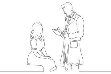 Continuous one line drawing doctor with a patient. The attending physician shows the sick patient documents. The doctor is a man and a woman.One continuous line isolated minimal illustration.Not AI.