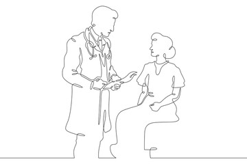 Continuous one line drawing doctor with a patient. The attending physician shows the sick patient documents. The doctor is a man and a woman.One continuous line isolated minimal illustration.Not AI.