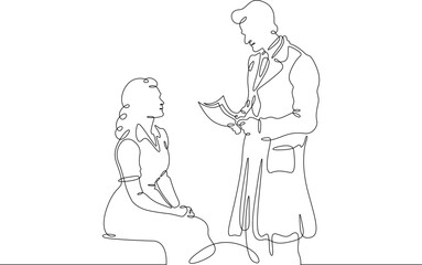 Continuous one line drawing doctor with a patient. The attending physician shows the sick patient documents. The doctor is a man and a woman.One continuous line isolated minimal illustration.Not AI.