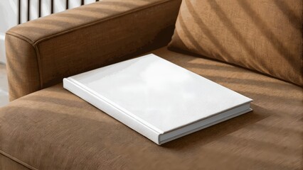 Fototapeta premium Hardcover Book Lying on Brown Sofa with Soft Lighting and Cozy Reading Ambience