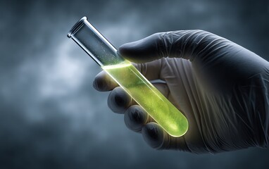 hand in sterile glove presenting a test tube filled with magical-looking fluorescent liquid, science meets mystery, blank space on background for text overlay,