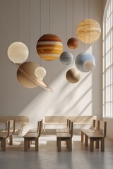 minimal solar system hanging from ceiling, casting soft shadows on classroom walls, clean and airy interior, blank space on background for text overlay,