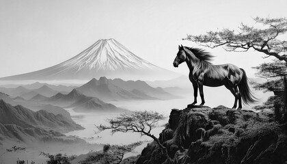 絶壁に立つ馬,Generative AI,AI画像