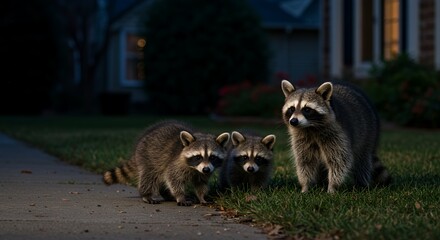 Nocturnal Family: Raccoons at Dusk