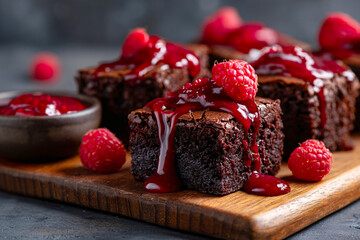 airy photo of vegan brownies with vibrant berry sauce drizzle