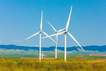 USA, Washington State, Eastern Washington,  Palouse Region. Oakesdale. White wind turbines,...