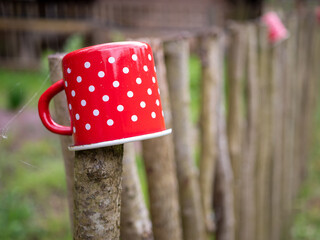 Red polka dot mug on a rustic wooden fence in a garden. A charming countryside detail evoking simplicity and nostalgic rural life.