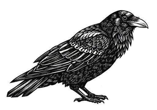 Detailed Illustration of a Raven in Profile View