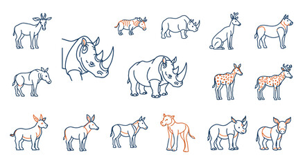 Diverse African Wildlife Illustrations in Outline Style