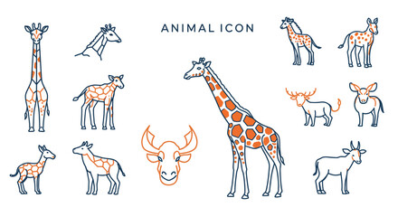 Linear Giraffe and Antelope Icons with Orange Details and Dark Blue Outlines © Basecamp