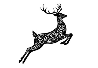 Ornate Leaping Deer Silhouette with Swirling Floral Design