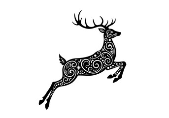 Ornate Black and White Silhouette of a Leaping Deer