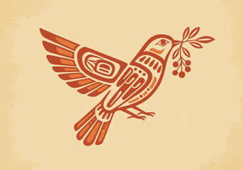Ornate Indigenous Bird Design with Berries