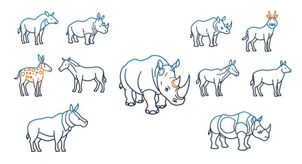 Outlined Rhinoceroses and Donkeys with Unique Markings and Horns in Various Poses