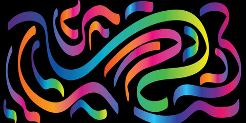 Gradient Lines with black background. Abstract Curve, Wave and Spiral Ribbons. Vector Rainbow Colored Pattern with 3D Shapes. Dynamic Celebration Illustration
