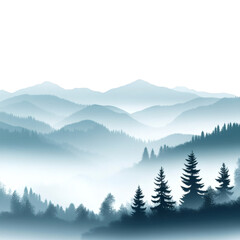 Misty mountain landscape with evergreen trees isolated on transparent