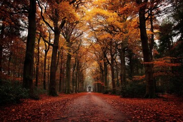 Autumnal forest path. A picturesque woodland lane lined with vibrant autumn foliage. Rich colors of orange and red leaves blanket the ground