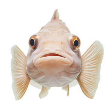 Front view of a realistic blobfish isolated on a solid white background, detailed stock photograph showcasing its unique, gelatinous texture and distinctive facial features in high resolution