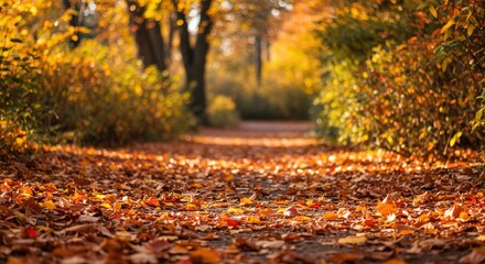 Autumn path through the woods fallen leaves on ground nature scene serene outdoor environment tranquil forest trail scenic foliage