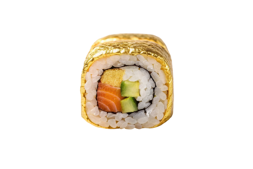 PNG Luxury gold leaf sushi roll with salmon, avocado, and tamago filling