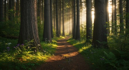 Fototapeta premium Pathway through a sunlit forest natural woodland scenery with dense trees and calm environment for exploration and travel