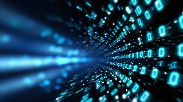 A dynamic digital tunnel of glowing blue binary code background for tech visuals.