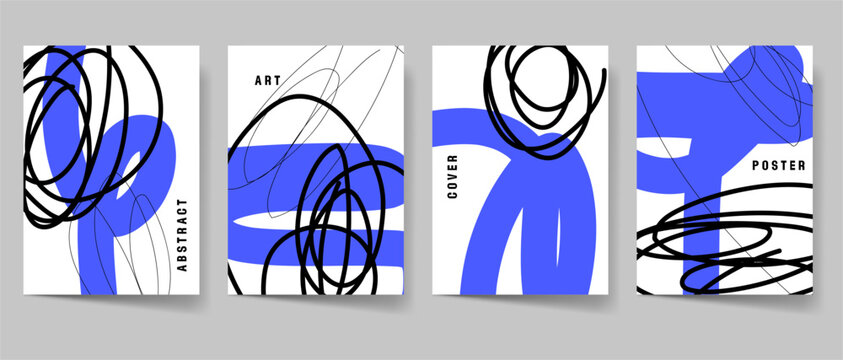 Modern abstract art cover template set. Maximalism poster collection. Creative Blue and black modern art for print. Scribble contemporary pattern graphics