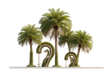 A set of abstract palm trees shaped like musical instruments with photorealistic details isolated on a transparent background