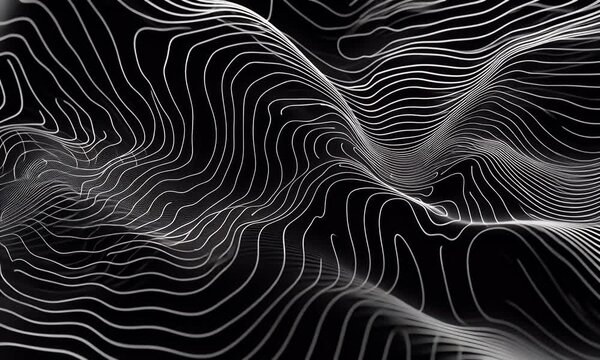 A digital art composition featuring an abstract, dark background with swirling lines and patterns reminiscent of topographic maps. The pattern is composed entirely of white lines on black, 