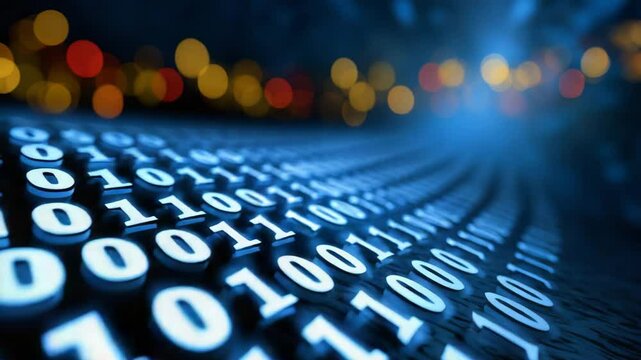 Abstract representation of binary code flowing in a digital space with vibrant lights.