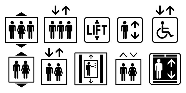 Elevator and lift sign icon set. Toilet icons set. Men and women restroom icon sign right arrow. Disabled wheelchair icon. Vector Illustration.