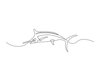 Marlin fish single outline illustration. Continuous line art drawing of marlin fish. Editable stroke.