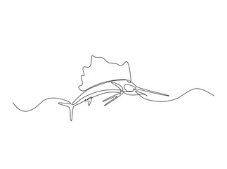 Fototapeta premium Marlin fish single outline illustration. Continuous line art drawing of marlin fish. Editable stroke.