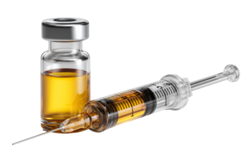 A set of clear 3D rendered morphia ampoules and syringes with stainless steel needles isolated on a transparent background