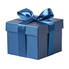 Obraz premium A square blue gift box with a matching blue satin ribbon and bow against a black background space around it