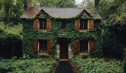 Rustic cottage overgrown with ivy