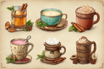 Six Artistic Illustrations of Cozy Hot Beverages with Decorative Elements and Unique Cup Designs for Seasonal Enjoyment