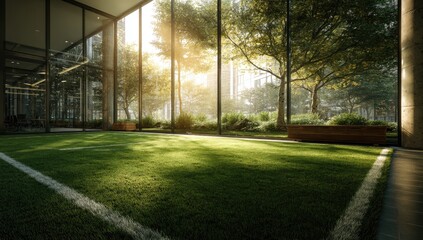 Modern office space with a rooftop grassy field. Sunlight streams through floor-to-ceiling windows onto a vibrant green artificial turf.  A park-like area is visible beyond the glass