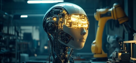 Fototapeta premium Futuristic humanoid robot head with internal glowing technology in workshop