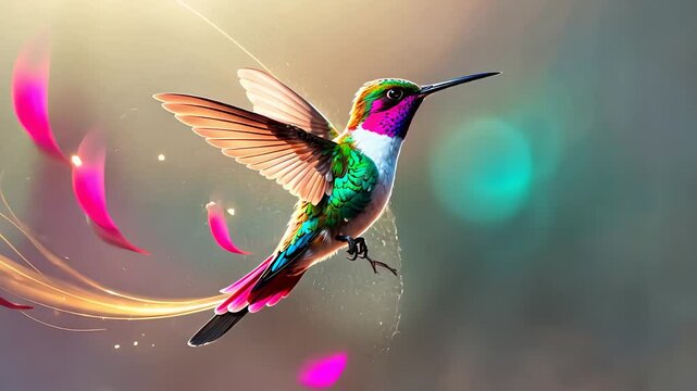 Vibrant hummingbird flying with colorful wings, pink feather trails, and glowing bokeh background, ideal for nature and wildlife art themes